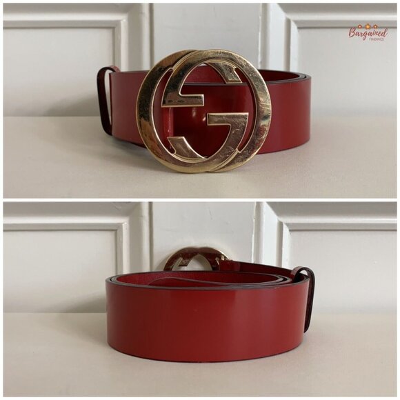 Authentic Gucci Red Coated Leather Gold Interlocking G Buckle Belt 85/34 - Picture 3 of 14